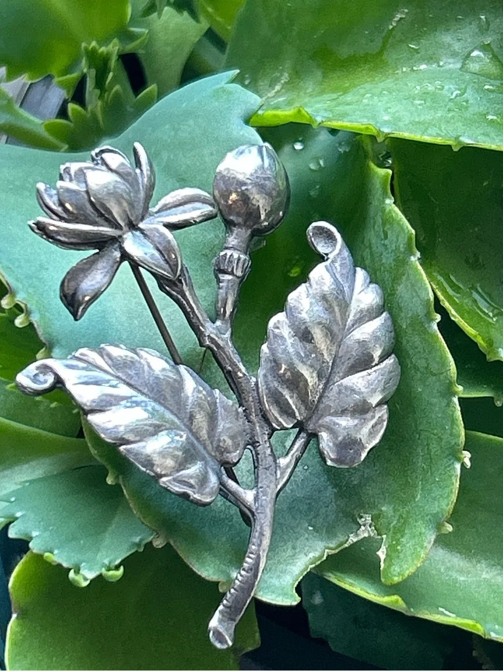 Vintage sterling silver Honolulu Ming’s Pikake flower leave brooch pin Rare